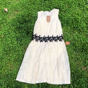 Francesca's Collections Ivory Lace Midi Dress with Black Floral Waist